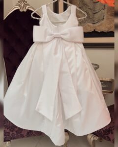 White Satin Box-Pleated Dress with Oversized Bow – Baby Girl Party Frock