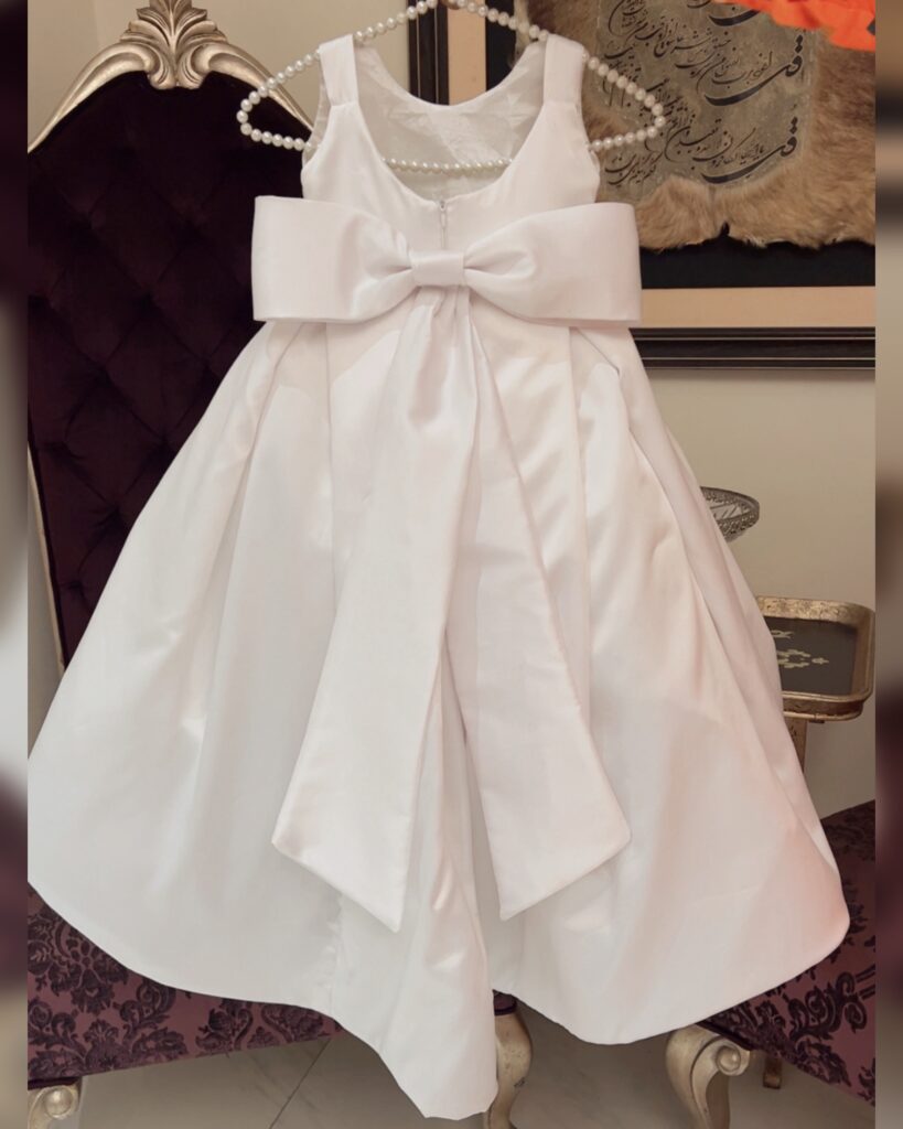 White Satin Box-Pleated Dress with Oversized Bow – Baby Girl Party Frock