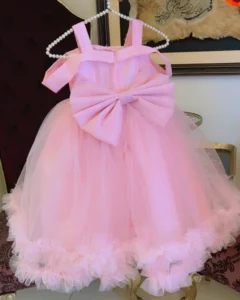 Pink Embroidered Off-Shoulder Tulle Dress with Ruffle Hem – Baby Girl Party Frock