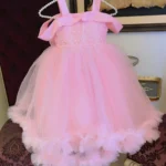 Pink Embroidered Off-Shoulder Tulle Dress with Ruffle Hem – Baby Girl Party Frock