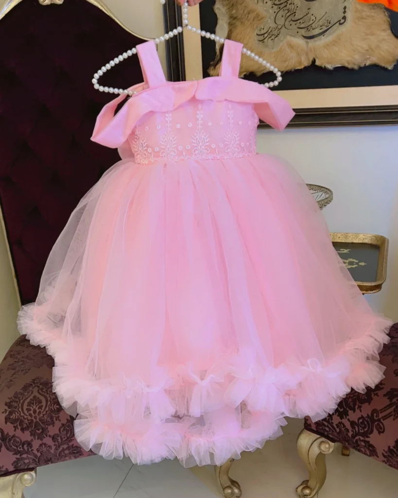 Pink Embroidered Off-Shoulder Tulle Dress with Ruffle Hem – Baby Girl Party Frock