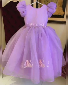 Lilac Organza Puff-Sleeve Dress with Mermaid Print & Bow – Baby Girl Party Frock