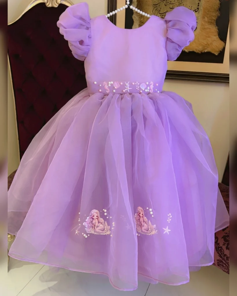 Lilac Organza Puff-Sleeve Dress with Mermaid Print & Bow – Baby Girl Party Frock