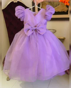 Lilac Organza Puff-Sleeve Dress with Mermaid Print & Bow – Baby Girl Party Frock