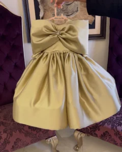 Golden Satin Balloon Dress with Oversized Bow – Baby Girl Party Frock