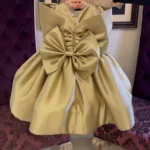 Golden Satin Balloon Dress with Oversized Bow – Baby Girl Party Frock