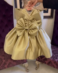 Golden Satin Balloon Dress with Oversized Bow – Baby Girl Party Frock