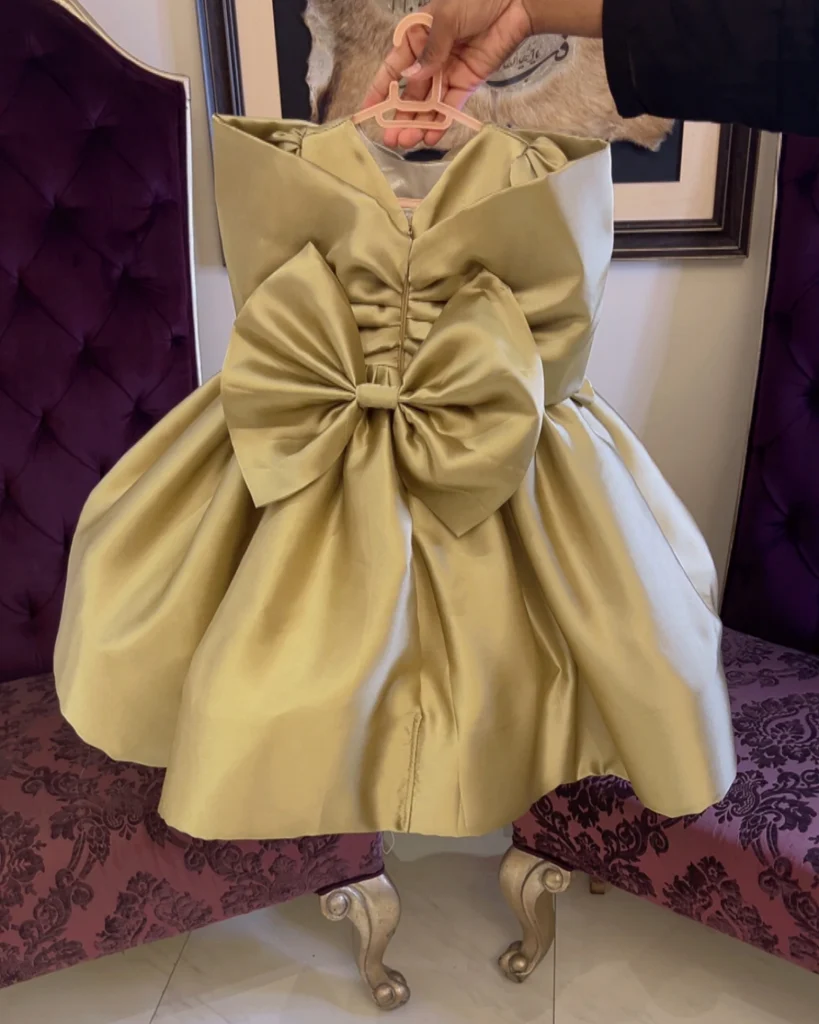 Golden Satin Balloon Dress with Oversized Bow – Baby Girl Party Frock