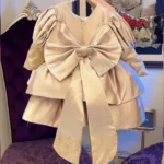 Champagne Satin Puff-Sleeve Dress with Long Bow Sash & Hand Embroidery – Baby Girl Party Frock