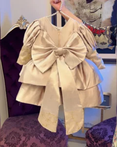 Champagne Satin Puff-Sleeve Dress with Long Bow Sash & Hand Embroidery – Baby Girl Party Frock