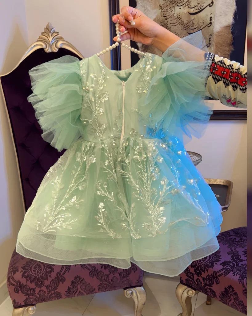 Mint Green Sequin Embroidered Dress with Ruffle Sleeves – Baby Girl Party Frock