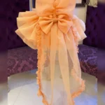 Peach Organza High-Low Dress with Oversized Bow & Ruffled Train – Baby Girl Party Frock