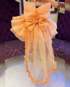 Peach Organza High-Low Dress with Oversized Bow & Ruffled Train – Baby Girl Party Frock