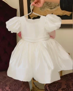 Ivory Puff-Sleeve Dress with Sash Belt – Baby Girl Party Frock