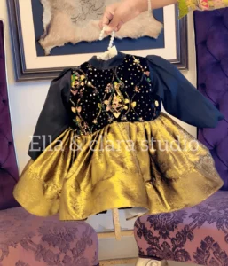 Navy Velvet Sequin Embroidered Dress with Gold Metallic Skirt – Baby Girl Party Frock