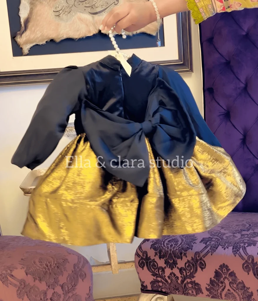 Navy Velvet Sequin Embroidered Dress with Gold Metallic Skirt – Baby Girl Party Frock