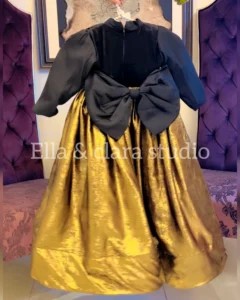 Black & Gold Long Sleeve Dress with Statement Bow – Baby Girl Party Frock