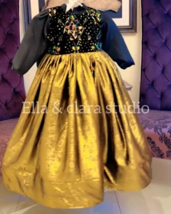Black & Gold Long Sleeve Dress with Statement Bow – Baby Girl Party Frock