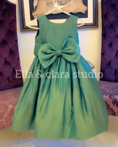 Emerald Green Satin Dress with Oversized Bow – Baby Girl Party Frock