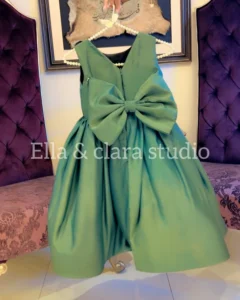 Emerald Green Satin Dress with Oversized Bow – Baby Girl Party Frock