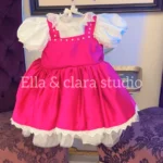 Hot Pink & White Lace Puff-Sleeve Dress with Oversized Bow – Baby Girl Party Frock
