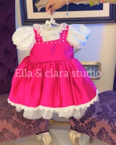 Hot Pink & White Lace Puff-Sleeve Dress with Oversized Bow – Baby Girl Party Frock