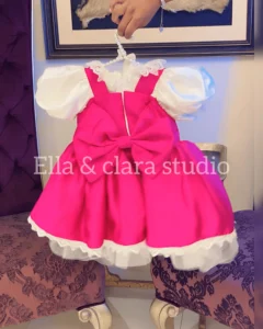 Hot Pink & White Lace Puff-Sleeve Dress with Oversized Bow – Baby Girl Party Frock