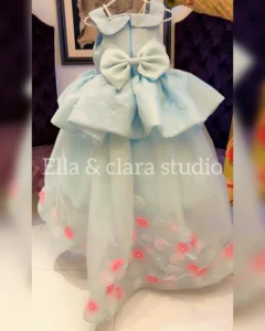 Sky Blue Princess Dress with Oversized Bow & Floral Pearl Tulle Skirt – Baby Girl Party Frock