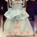 Sky Blue Princess Dress with Oversized Bow & Floral Pearl Tulle Skirt – Baby Girl Party Frock
