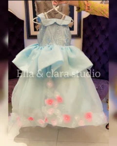 Sky Blue Princess Dress with Oversized Bow & Floral Pearl Tulle Skirt – Baby Girl Party Frock