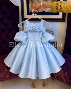 Powder Blue Off-Shoulder Ruffle Dress with Voluminous Skirt – Baby Girl Party Frock