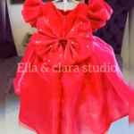 Red Satin Puff-Sleeve Dress with Crystal-Studded Bow – Baby Girl Party Frock