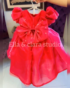Red Satin Puff-Sleeve Dress with Crystal-Studded Bow – Baby Girl Party Frock