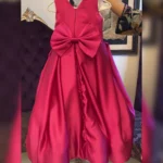 Hot Pink Satin Balloon Dress with Bow & Floral Applique – Baby Girl Party Frock