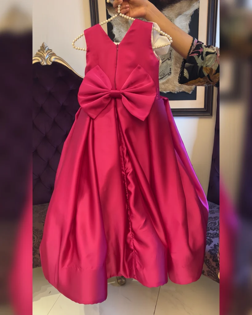 Hot Pink Satin Balloon Dress with Bow & Floral Applique – Baby Girl Party Frock