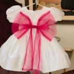 White Puff-Sleeve Dress with Contrast Pink Organza Bow – Baby Girl Party Frock
