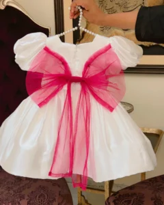 White Puff-Sleeve Dress with Contrast Pink Organza Bow – Baby Girl Party Frock