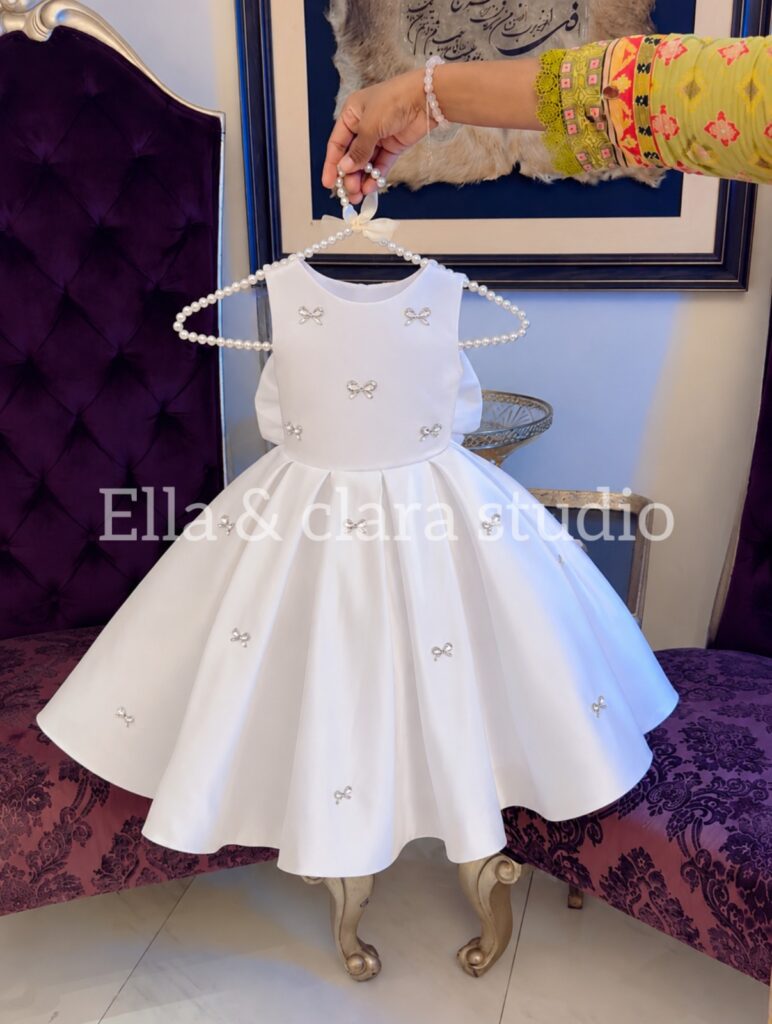 Classic White Bow-Back Satin Dress for Girls
